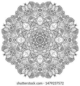 Mandala, tracery wheel mehndi design. Ethnic ornament, doodle symmetry texture. Folk traditional spiritual tribal design. Curved shape, isolated on white. Binary monochrome black and white art. Vector