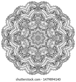 Mandala, tracery wheel mehndi design. Ethnic ornament, doodle symmetry texture. Folk traditional spiritual tribal design. Curved shape, isolated on white. Binary monochrome black and white art. Vector