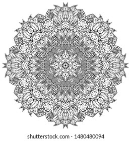 Mandala, tracery wheel mehndi design. Ethnic ornament, doodle symmetry texture. Folk traditional spiritual tribal design. Curved shape, isolated on white. Binary monochrome black and white art. Vector