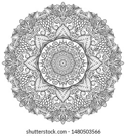 Mandala, tracery wheel mehndi design. Ethnic ornament, doodle symmetry texture. Folk traditional spiritual tribal design. Curved shape, isolated on white. Binary monochrome black and white art. Vector