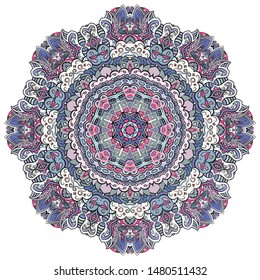 Mandala, tracery wheel mehndi design. Ethnic ornament, colorful doodle symmetry texture. Folk traditional spiritual tribal design. Curved shape, isolated on white. Color art. Vector