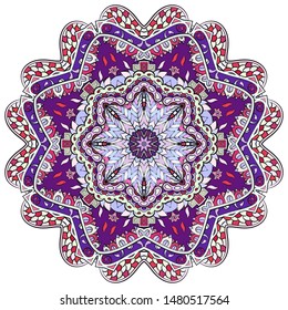Mandala, tracery wheel mehndi design. Ethnic ornament, colorful doodle symmetry texture. Folk traditional spiritual tribal design. Curved shape, isolated on white. Color art. Vector