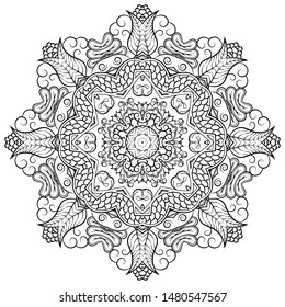 Mandala, tracery wheel mehndi design. Ethnic ornament, doodle symmetry texture. Folk traditional spiritual tribal design. Curved shape, isolated on white. Binary monochrome black and white art. Vector