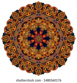 Mandala, tracery wheel mehndi design. Ethnic ornament, colorful doodle symmetry texture. Folk traditional spiritual tribal design. Curved shape, isolated on white. Color art. Vector