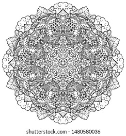 Mandala, tracery wheel mehndi design. Ethnic ornament, doodle symmetry texture. Folk traditional spiritual tribal design. Curved shape, isolated on white. Binary monochrome black and white art. Vector