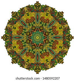 Mandala, tracery wheel mehndi design. Ethnic ornament, colorful doodle symmetry texture. Folk traditional spiritual tribal design. Curved shape, isolated on white. Color art. Vector