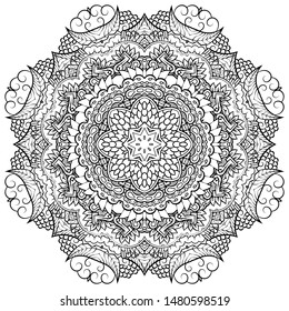 Mandala, tracery wheel mehndi design. Ethnic ornament, doodle symmetry texture. Folk traditional spiritual tribal design. Curved shape, isolated on white. Binary monochrome black and white art. Vector