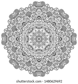 Mandala, tracery wheel mehndi design. Ethnic ornament, doodle symmetry texture. Folk traditional spiritual tribal design. Curved shape, isolated on white. Binary monochrome black and white art. Vector