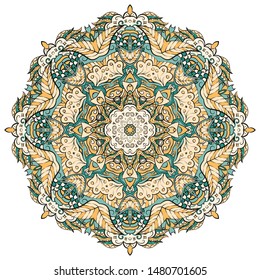 Mandala, tracery wheel mehndi design. Ethnic ornament, colorful doodle symmetry texture. Folk traditional spiritual tribal design. Curved shape, isolated on white. Color art. Vector