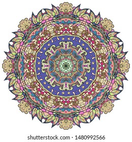 Mandala, tracery wheel mehndi design. Ethnic ornament, colorful doodle symmetry texture. Folk traditional spiritual tribal design. Curved shape, isolated on white. Color art. Vector
