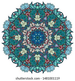 Mandala, tracery wheel mehndi design. Ethnic ornament, colorful doodle symmetry texture. Folk traditional spiritual tribal design. Curved shape, isolated on white. Color art. Vector