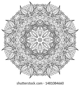 Mandala, tracery wheel mehndi design. Ethnic ornament, doodle symmetry texture. Folk traditional spiritual tribal design. Curved shape, isolated on white. Binary monochrome black and white art. Vector