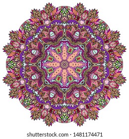 Mandala, tracery wheel mehndi design. Ethnic ornament, colorful doodle symmetry texture. Folk traditional spiritual tribal design. Curved shape, isolated on white. Color art. Vector