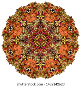 Mandala, tracery wheel mehndi design. Ethnic ornament, colorful doodle symmetry texture. Folk traditional spiritual tribal design. Curved shape, isolated on white. Color art. Vector