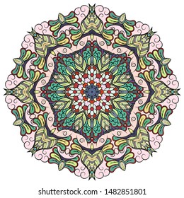 Mandala, tracery wheel mehndi design. Ethnic ornament, colorful doodle symmetry texture. Folk traditional spiritual tribal design. Curved shape, isolated on white. Color art. Vector