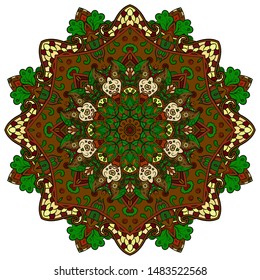 Mandala, tracery wheel mehndi design. Ethnic ornament, colorful doodle symmetry texture. Folk traditional spiritual tribal design. Curved shape, isolated on white. Color art. Vector