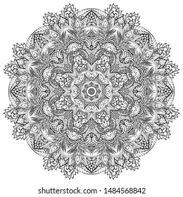 Mandala, tracery wheel mehndi design. Ethnic ornament, doodle symmetry texture. Folk traditional spiritual tribal design. Curved shape, isolated on white. Binary monochrome black and white art. Vector