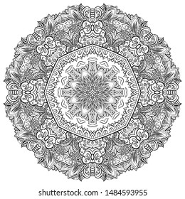 Mandala, tracery wheel mehndi design. Ethnic ornament, doodle symmetry texture. Folk traditional spiritual tribal design. Curved shape, isolated on white. Binary monochrome black and white art. Vector