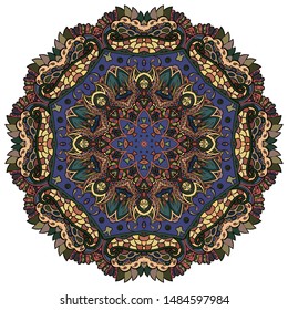 Mandala, tracery wheel mehndi design. Ethnic ornament, colorful doodle symmetry texture. Folk traditional spiritual tribal design. Curved shape, isolated on white. Color art. Vector