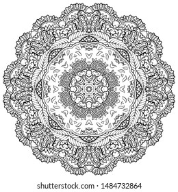 Mandala, tracery wheel mehndi design. Ethnic ornament, doodle symmetry texture. Folk traditional spiritual tribal design. Curved shape, isolated on white. Binary monochrome black and white art. Vector