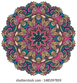 Mandala, tracery wheel mehndi design. Ethnic ornament, colorful doodle symmetry texture. Folk traditional spiritual tribal design. Curved shape, isolated on white. Color art. Vector