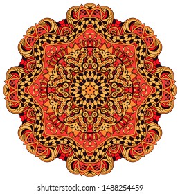 Mandala, tracery wheel mehndi design. Ethnic ornament, colorful doodle symmetry texture. Folk traditional spiritual tribal design. Curved shape, isolated on white. Color art. Vector