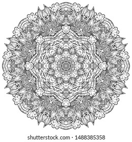 Mandala, tracery wheel mehndi design. Ethnic ornament, doodle symmetry texture. Folk traditional spiritual tribal design. Curved shape, isolated on white. Binary monochrome black and white art. Vector