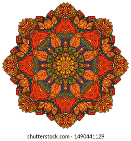 Mandala, tracery wheel mehndi design. Ethnic ornament, colorful doodle symmetry texture. Folk traditional spiritual tribal design. Curved shape, isolated on white. Color art. Vector