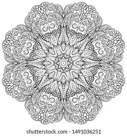 Mandala, tracery wheel mehndi design. Ethnic ornament, doodle symmetry texture. Folk traditional spiritual tribal design. Curved shape, isolated on white. Binary monochrome black and white art. Vector