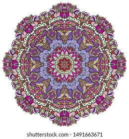 Mandala, tracery wheel mehndi design. Ethnic ornament, colorful doodle symmetry texture. Folk traditional spiritual tribal design. Curved shape, isolated on white. Color art. Vector