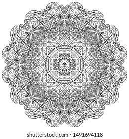Mandala, tracery wheel mehndi design. Ethnic ornament, doodle symmetry texture. Folk traditional spiritual tribal design. Curved shape, isolated on white. Binary monochrome black and white art. Vector