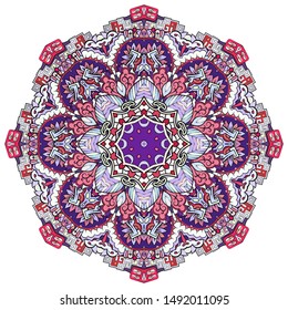 Mandala, tracery wheel mehndi design. Ethnic ornament, colorful doodle symmetry texture. Folk traditional spiritual tribal design. Curved shape, isolated on white. Color art. Vector