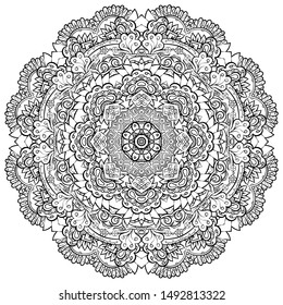 Mandala, tracery wheel mehndi design. Ethnic ornament, doodle symmetry texture. Folk traditional spiritual tribal design. Curved shape, isolated on white. Binary monochrome black and white art. Vector