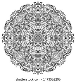Mandala, tracery wheel mehndi design. Ethnic ornament, doodle symmetry texture. Folk traditional spiritual tribal design. Curved shape, isolated on white. Binary monochrome black and white art. Vector