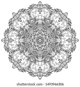 Mandala, tracery wheel mehndi design. Ethnic ornament, doodle symmetry texture. Folk traditional spiritual tribal design. Curved shape, isolated on white. Binary monochrome black and white art. Vector