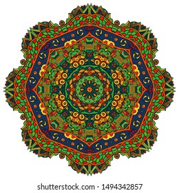 Mandala, tracery wheel mehndi design. Ethnic ornament, colorful doodle symmetry texture. Folk traditional spiritual tribal design. Curved shape, isolated on white. Color art. Vector