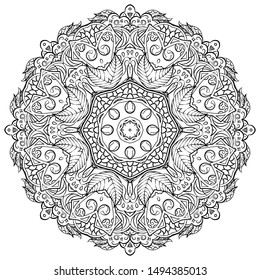 Mandala, tracery wheel mehndi design. Ethnic ornament, doodle symmetry texture. Folk traditional spiritual tribal design. Curved shape, isolated on white. Binary monochrome black and white art. Vector