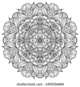 Mandala, tracery wheel mehndi design. Ethnic ornament, doodle symmetry texture. Folk traditional spiritual tribal design. Curved shape, isolated on white. Binary monochrome black and white art. Vector