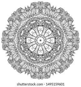 Mandala, tracery wheel mehndi design. Ethnic ornament, doodle symmetry texture. Folk traditional spiritual tribal design. Curved shape, isolated on white. Binary monochrome black and white art. Vector
