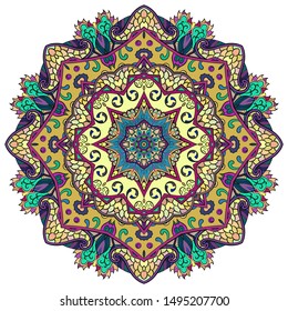 Mandala, tracery wheel mehndi design. Ethnic ornament, colorful doodle symmetry texture. Folk traditional spiritual tribal design. Curved shape, isolated on white. Color art. Vector
