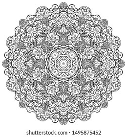 Mandala, tracery wheel mehndi design. Ethnic ornament, doodle symmetry texture. Folk traditional spiritual tribal design. Curved shape, isolated on white. Binary monochrome black and white art. Vector