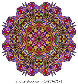 Mandala, tracery wheel mehndi design. Ethnic ornament, colorful doodle symmetry texture. Folk traditional spiritual tribal design. Curved shape, isolated on white. Color art. Vector
