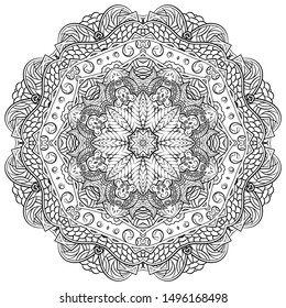 Mandala, tracery wheel mehndi design. Ethnic ornament, doodle symmetry texture. Folk traditional spiritual tribal design. Curved shape, isolated on white. Binary monochrome black and white art. Vector