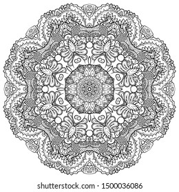 Mandala, tracery wheel mehndi design. Ethnic ornament, doodle symmetry texture. Folk traditional spiritual tribal design. Curved shape, isolated on white. Binary monochrome black and white art. Vector