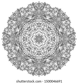 Mandala, tracery wheel mehndi design. Ethnic ornament, doodle symmetry texture. Folk traditional spiritual tribal design. Curved shape, isolated on white. Binary monochrome black and white art. Vector