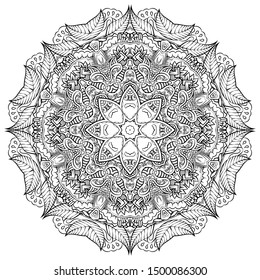 Mandala, tracery wheel mehndi design. Ethnic ornament, doodle symmetry texture. Folk traditional spiritual tribal design. Curved shape, isolated on white. Binary monochrome black and white art. Vector