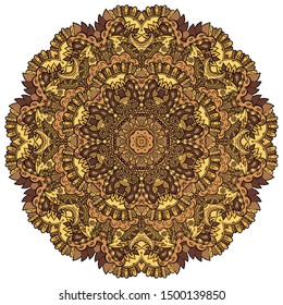 Mandala, tracery wheel mehndi design. Ethnic ornament, colorful doodle symmetry texture. Folk traditional spiritual tribal design. Curved shape, isolated on white. Color art. Vector