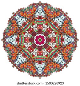 Mandala, tracery wheel mehndi design. Ethnic ornament, colorful doodle symmetry texture. Folk traditional spiritual tribal design. Curved shape, isolated on white. Color art. Vector