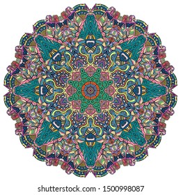 Mandala, tracery wheel mehndi design. Ethnic ornament, colorful doodle symmetry texture. Folk traditional spiritual tribal design. Curved shape, isolated on white. Color art. Vector