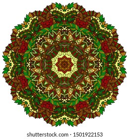 Mandala, tracery wheel mehndi design. Ethnic ornament, colorful doodle symmetry texture. Folk traditional spiritual tribal design. Curved shape, isolated on white. Color art. Vector